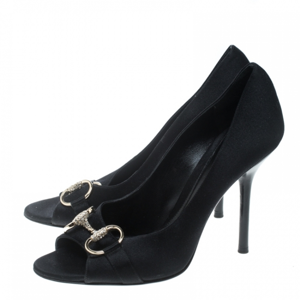 Gucci Horsebit Satin Peep Toe Pump Black 5.5